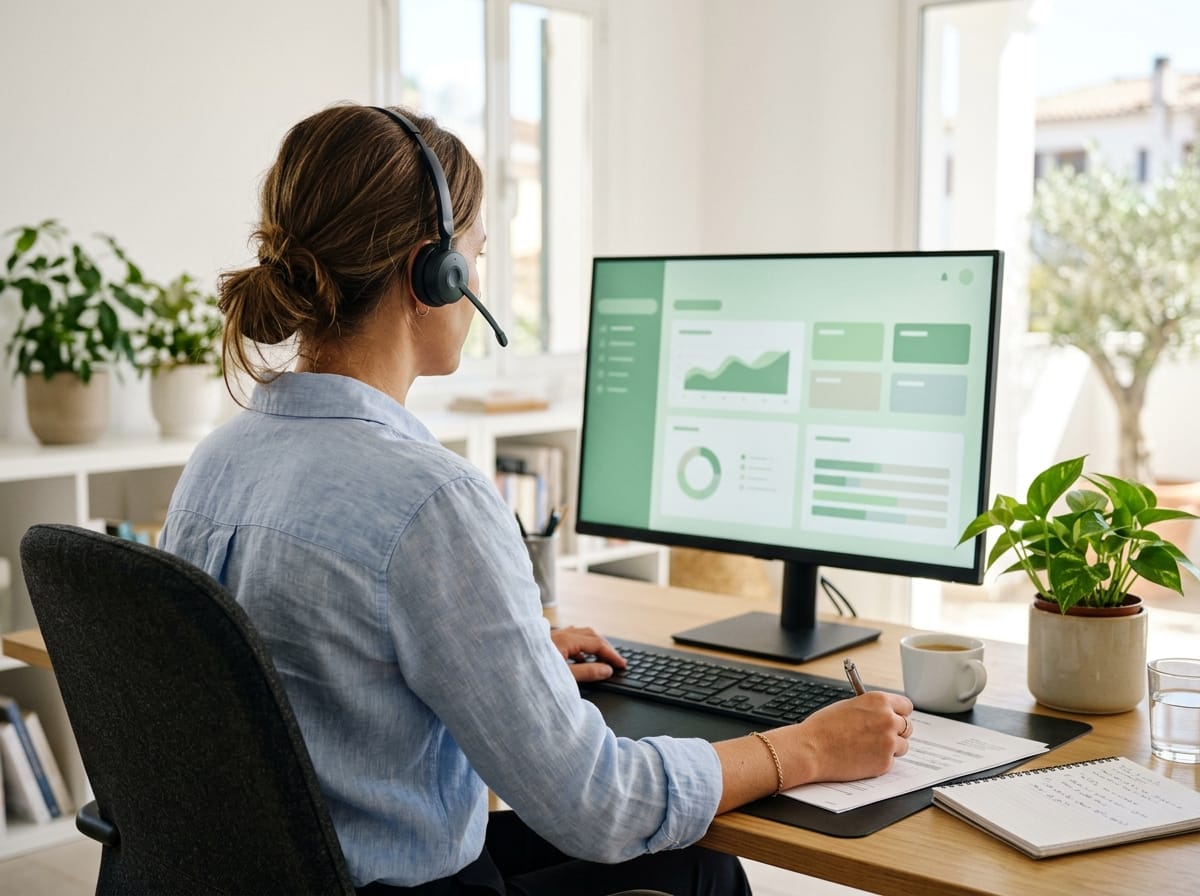 Una asesora con cascos revisa en su pantalla los impuestos de un cliente